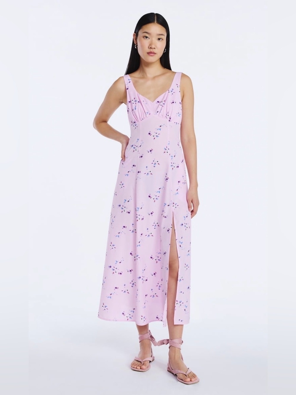 Sleeveless Pink Floral Maxi Dress with Side Slit